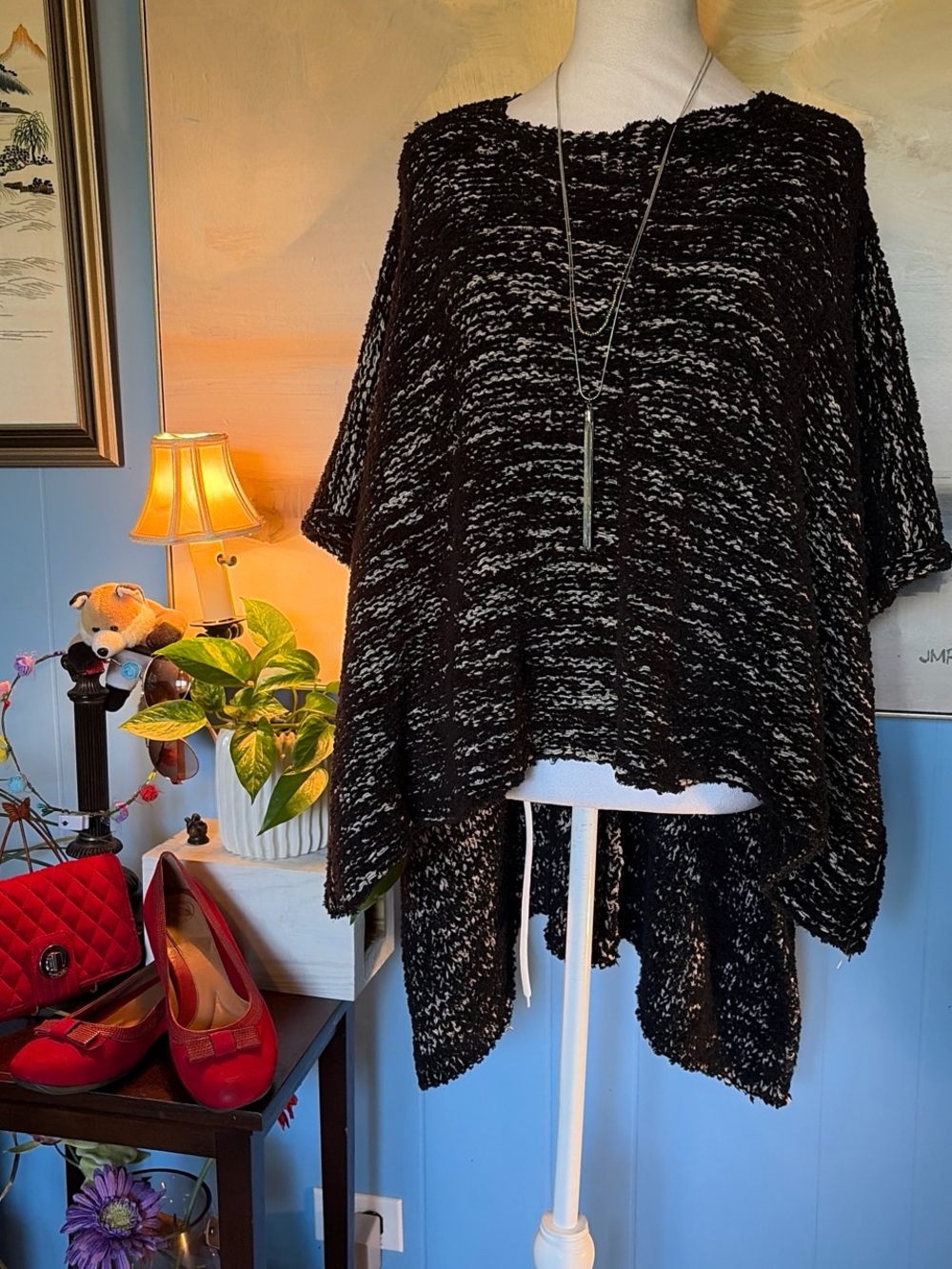 Zara Black and White Marled Knit Poncho